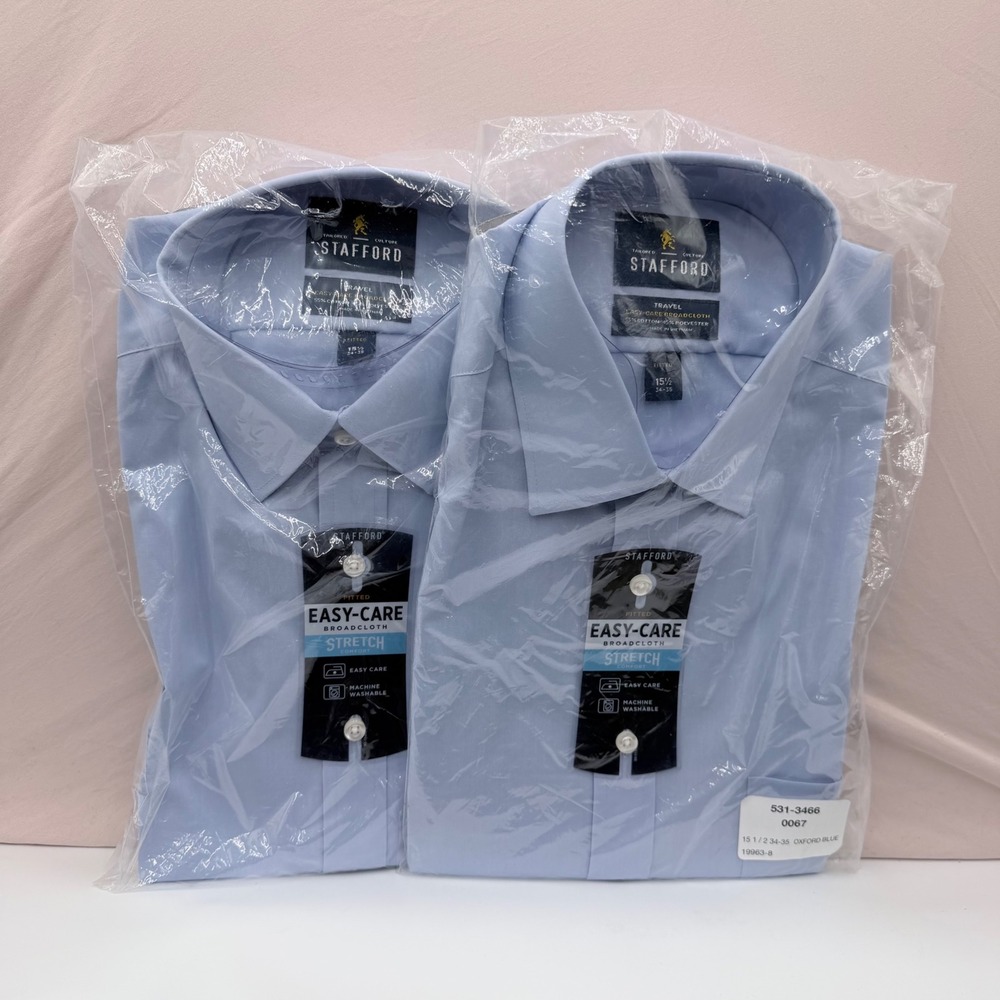 Lot of 2 Stafford Travel Fitted Easy-Care Broadcloth Stretch Blue Dress Shirt